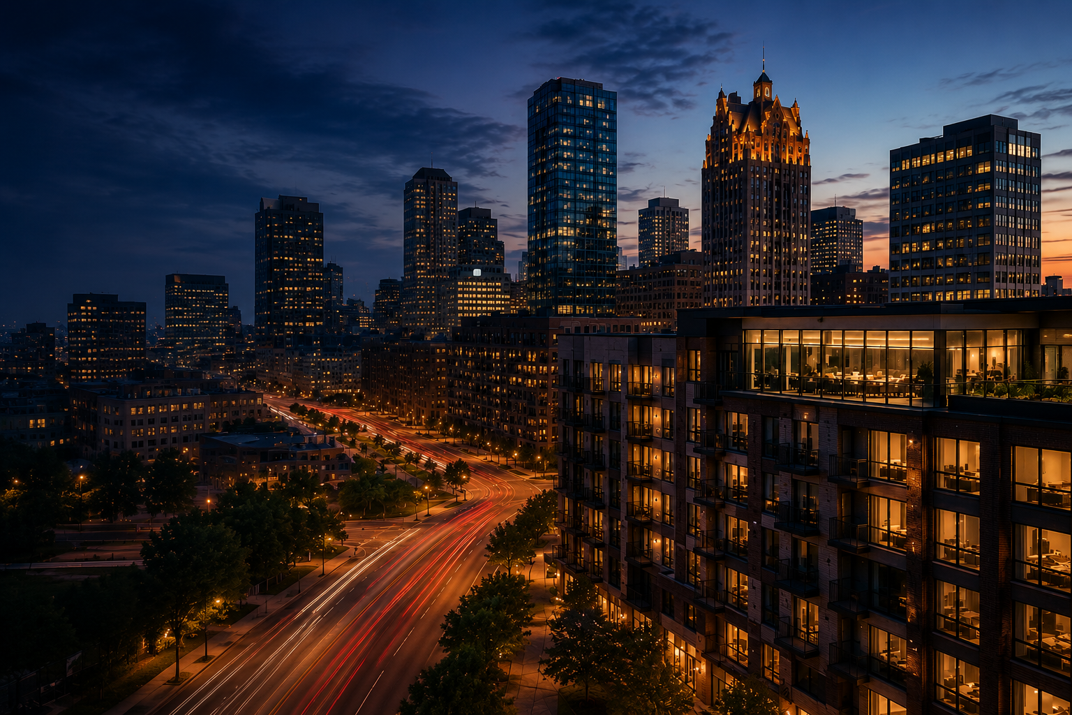 Milwaukee skyline with modern mixed-use development at dusk