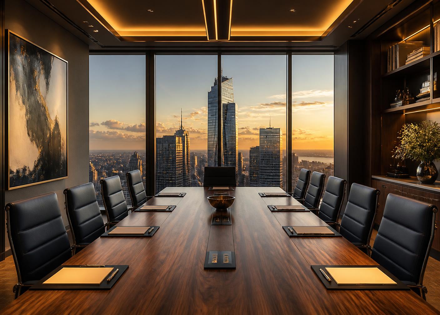 Refined boardroom with a walnut table and city skyline at golden hour