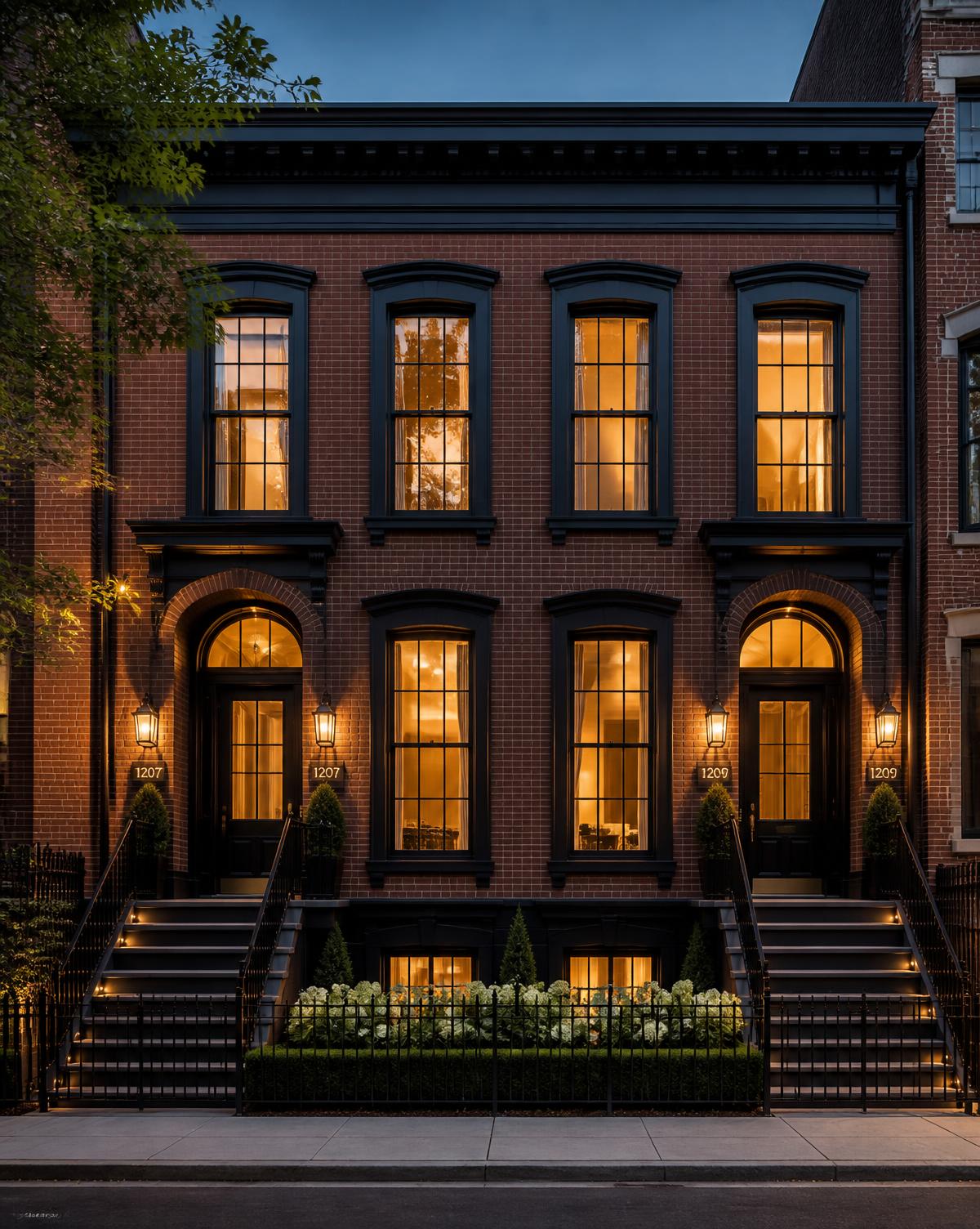 Restored urban brick duplex with warm interior lighting at dusk